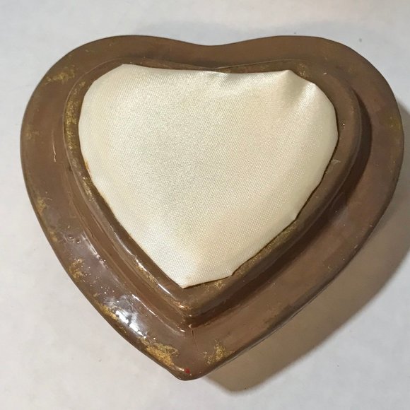 Vintage Ceramic Heart Trinket Box Jewelry Victorian Cherub Children Roses Padded - Picture 6 of 12